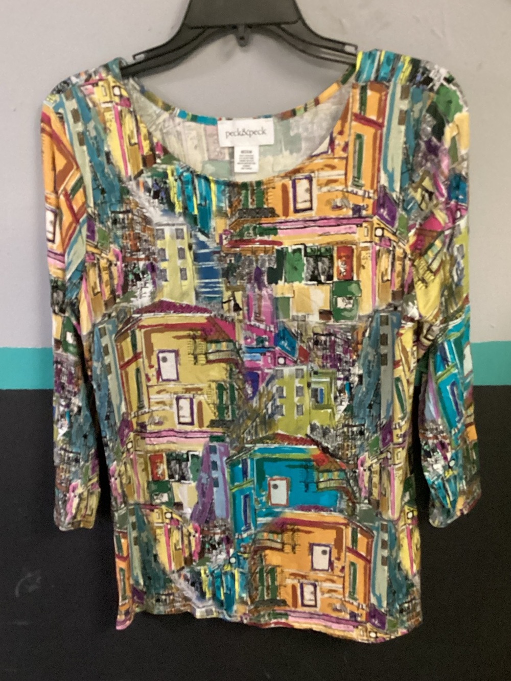 Peck & Peck Multicolor Abstract City-Print Scoop Neck Long Sleeve Top